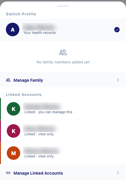 JeevAyu's linked accounts and family profiles screen